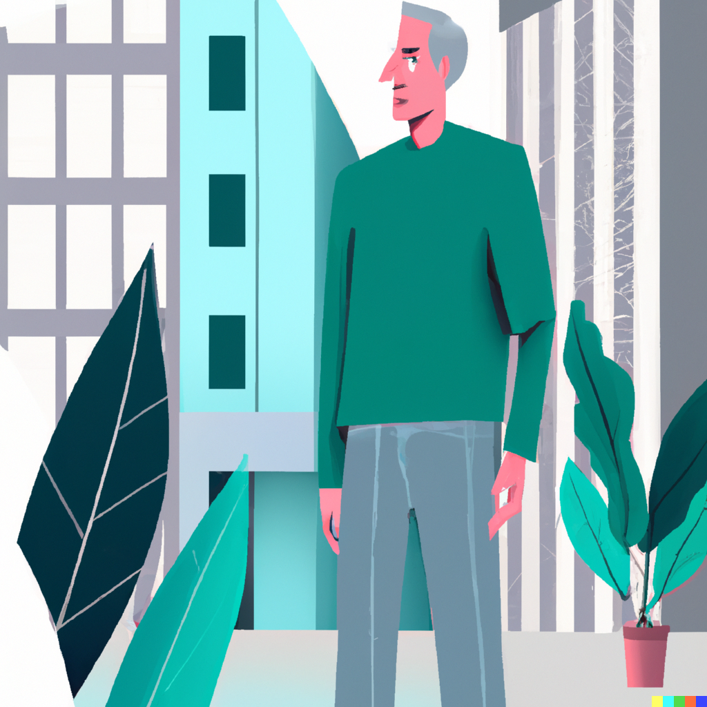 Dalle-E Visualisierung: Mann mit grauem Haar in einer städtischen Umgebung und mit Pflanzen.